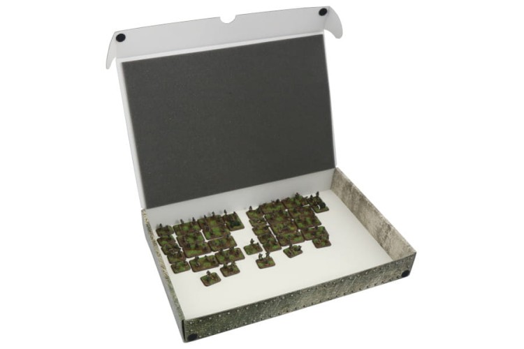 Standard-size magnetic box with Flames of War miniatures.