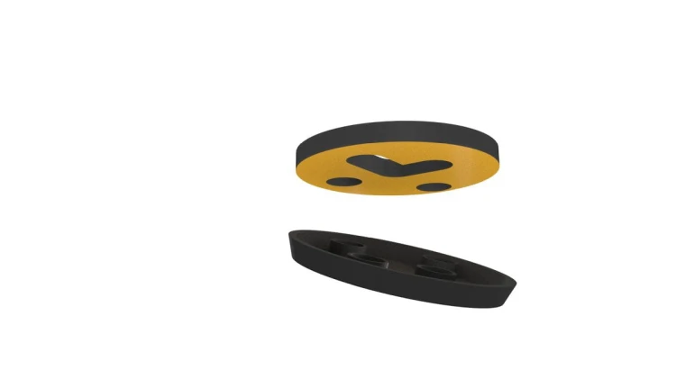 Self-adhesive magnetic foil stickers for magnetizing 40mm bases with concave bottoms and slots for pins.