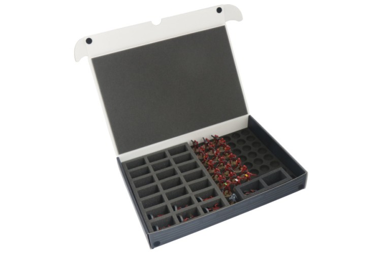Regular box with a foam tray for 21 minis stored horizontally.