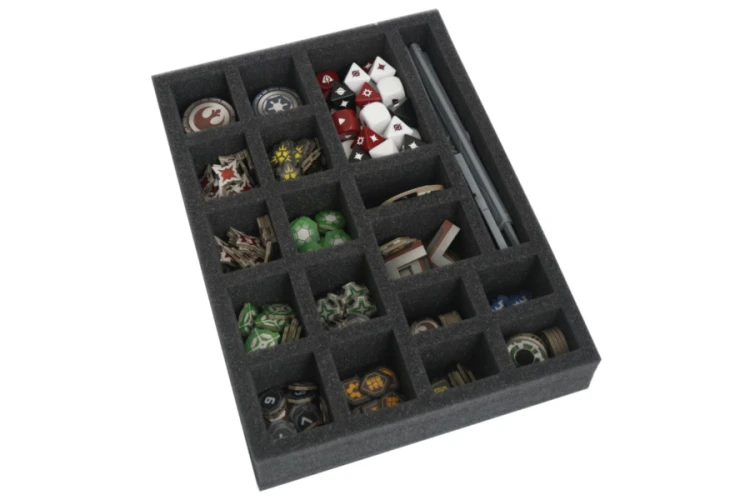 Foam tray tokens measures and dice.