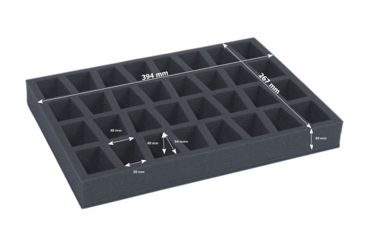Foam tray for 32 miniatures on 40 mm bases with dimensions