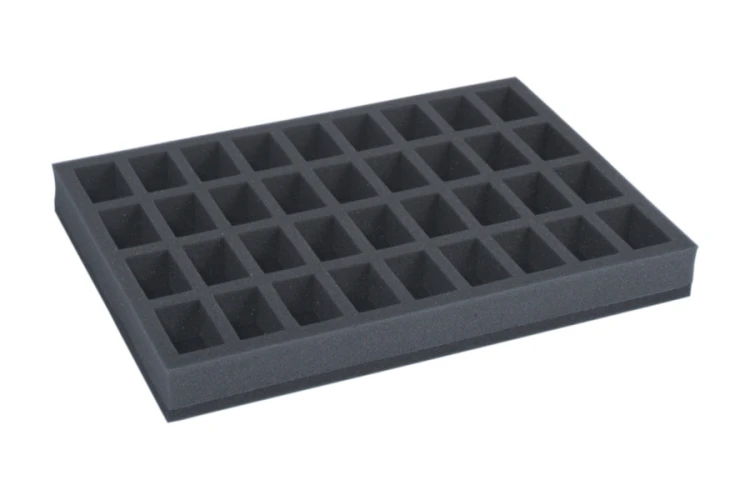 Full-size foam tray for 36 miniatures in 28 mm scale on 32 mm bases.