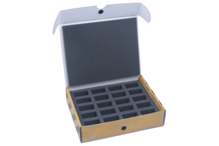 Half-sized box with a foam tray for 20 miniatures on 25 mm bases.