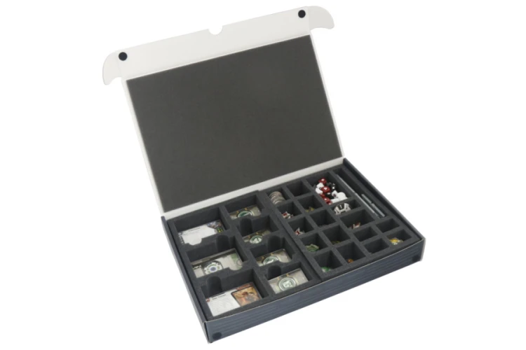 Regular box wiht foam tray tokens measures and dice.