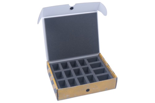 Half-sized box with a foam tray for 16 miniztures on 32 mm bases.