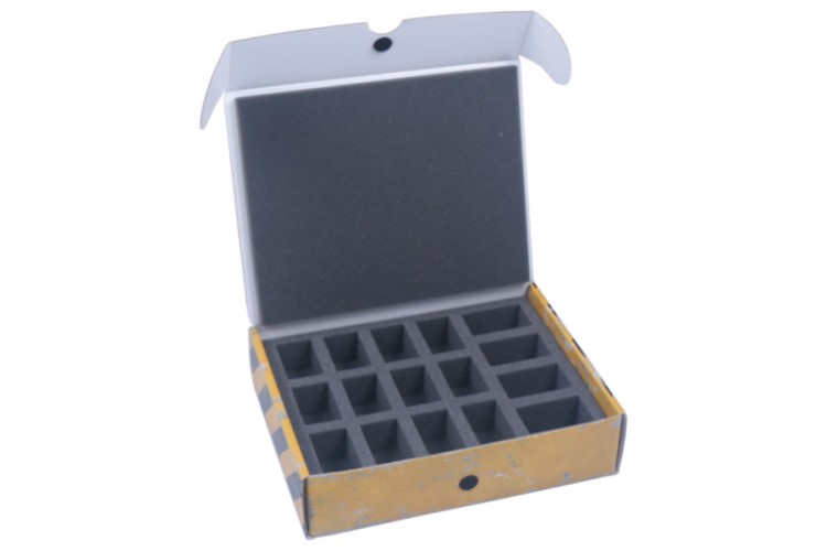 Half-sized box with a foam tray for 16 miniztures on 32 mm bases.